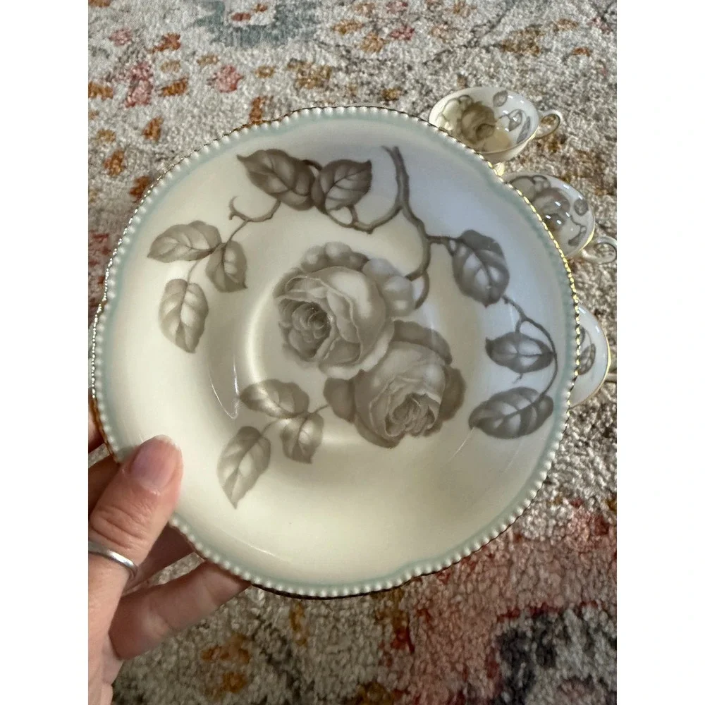 Castleton China Gloria Grey Rose Tea Cup and Saucer Set of 9 Made in USA Vintage